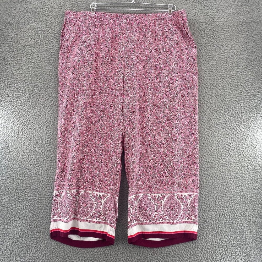 J Jill Pants Womens 2X Plus Pink Paisley Floral Culottes Capri Pull On Pockets